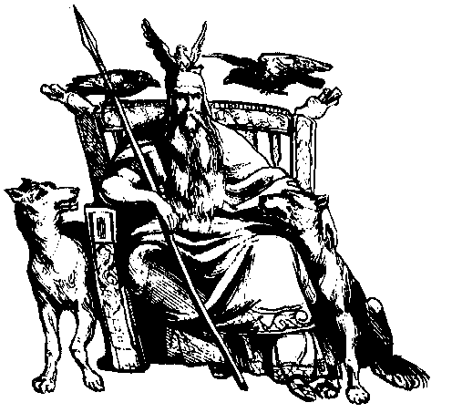 Odín entronizado con sus lobos y cuervos